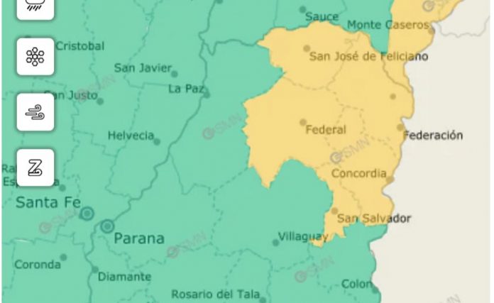 Alerta amarilla por tormentas en cinco departamentos del norte entrerriano
