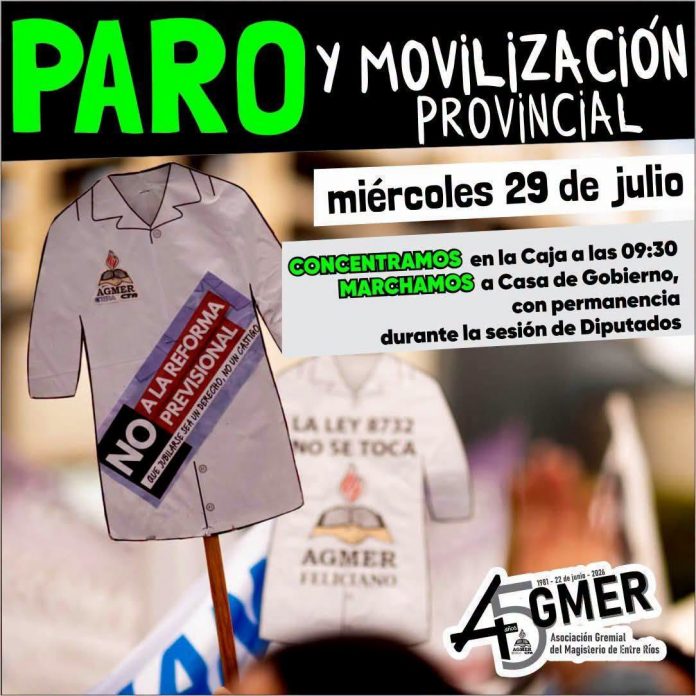 AGMER para el miércoles: paro de 24 horas y marcha contra la reforma previsional